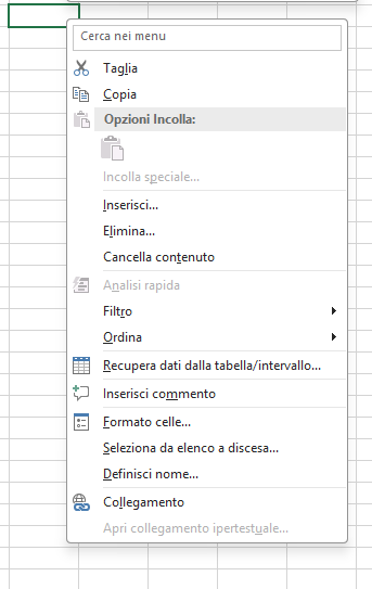 Menu tasto destro Excel con Copia e Taglia